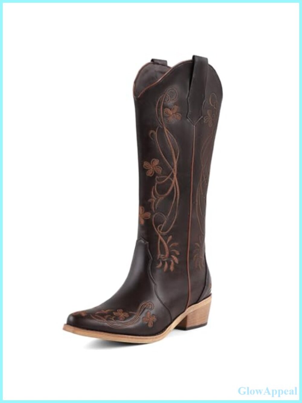 Faux Leather Knee High Cowboy Boots Chunky Heel Embroidered Western Womens